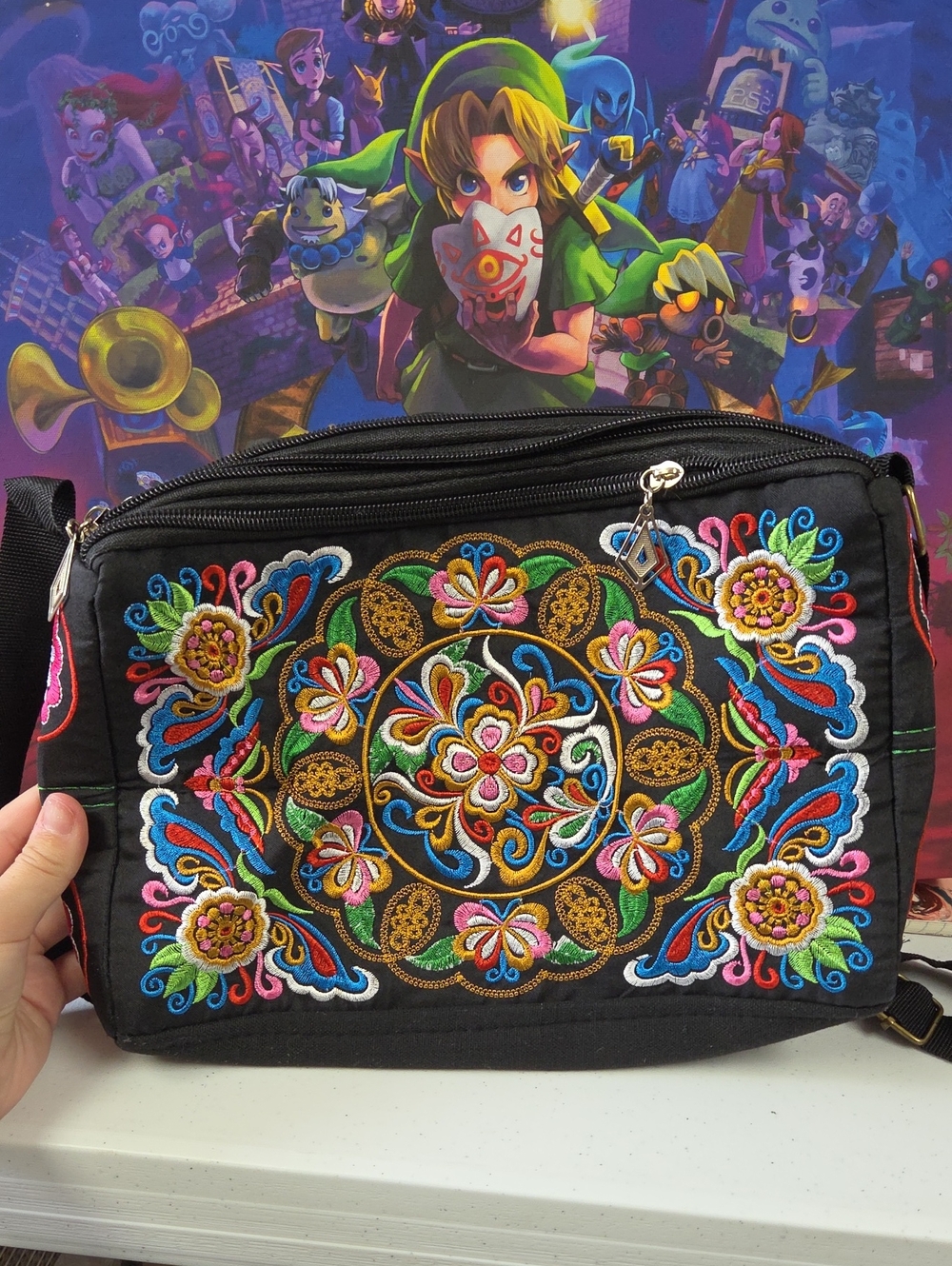 Black Embroidered Floral Crossbody Bag